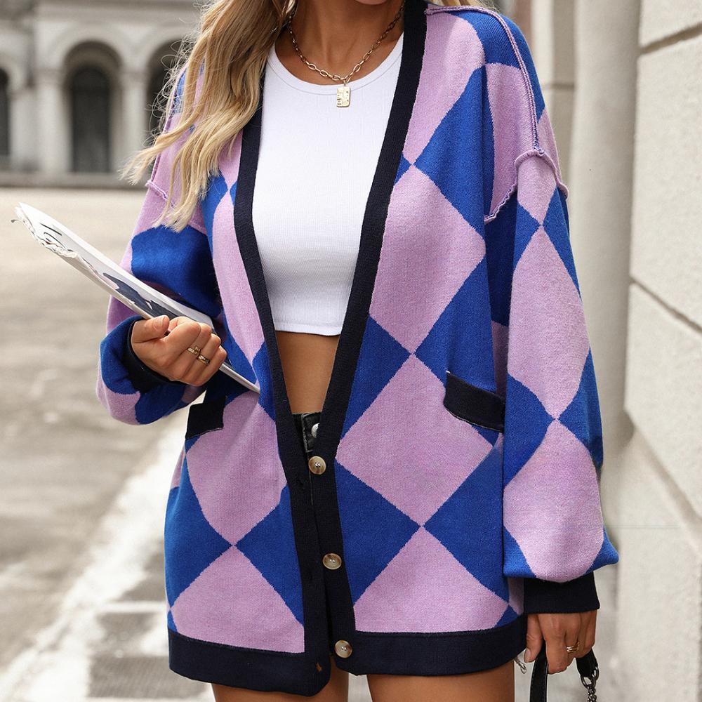 IHUASU Женский осенне-зимний кардиган с V-образным вырезом и ромбовидной решеткой, свободная вязка, куртка, джемпер