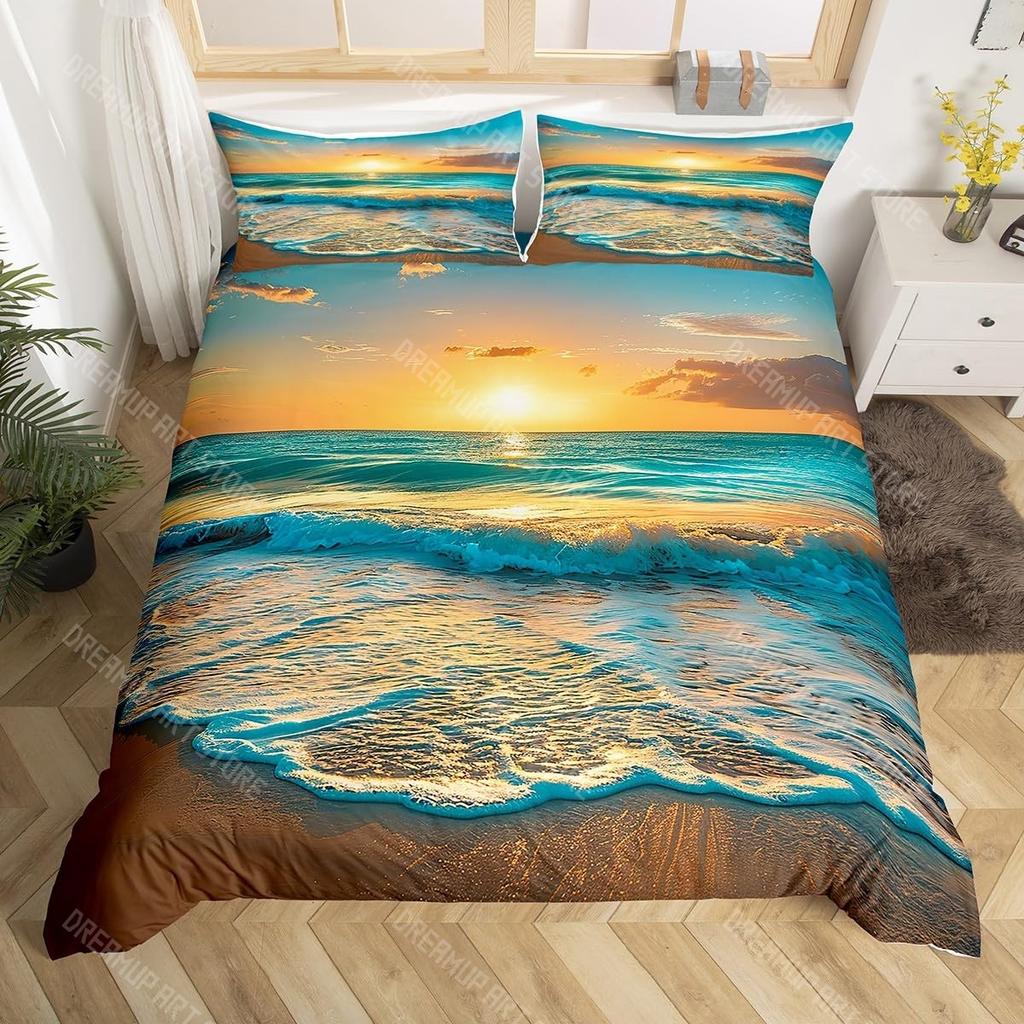 Комплект постельного белья с пляжной тематикой размера кинг, квин, пододеяльник с океанской волной и закатом, прибрежный морской пододеяльник, чехол на одеяло с морским пейзажем