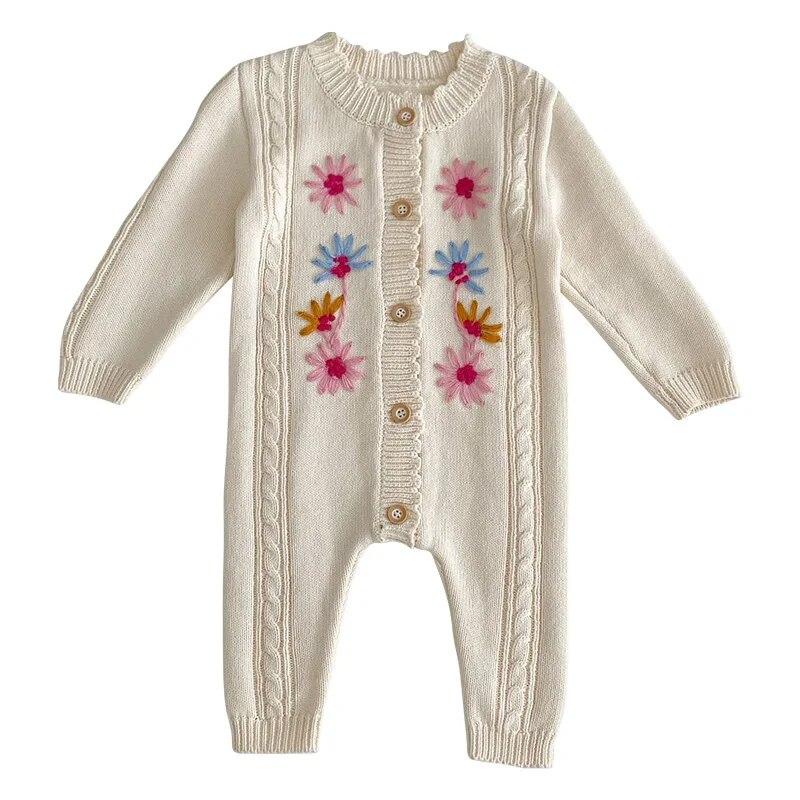 Детская хлопковая одежда, весенний вязаный детский комбинезон, милый комбинезон с цветочным принтом для девочек, винтажная вязаная одежда для новорожденных, комбинезон для новорожденных
