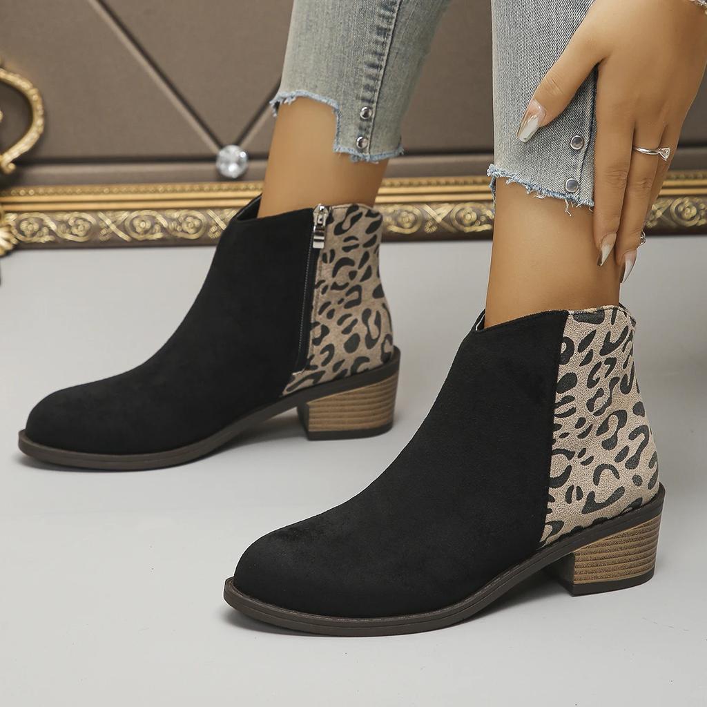 Autumn Winter Black Women's Retro Suede Ankle Boots Leisure Cowboy Boots Leopard Comfortable Ladies Boots Sapatos Femininos
