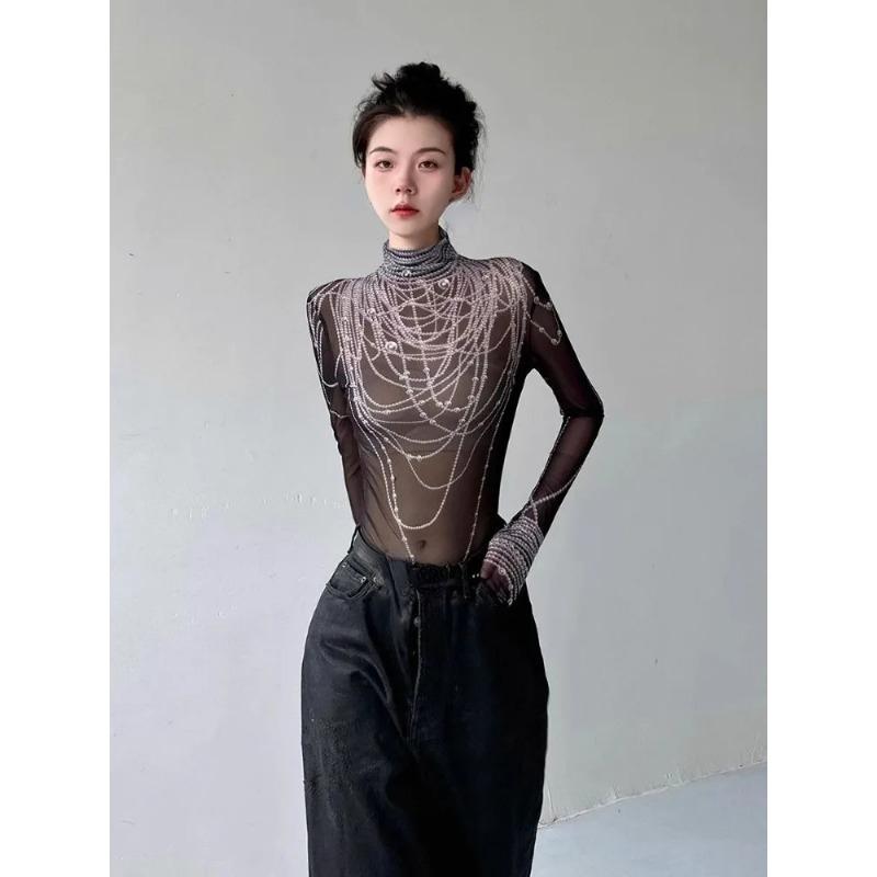 Футболки с высоким воротником и 3D жемчужным принтом, новые весенние облегающие футболки с прозрачной сеткой Y2k, женские топы с длинными рукавами для девочек