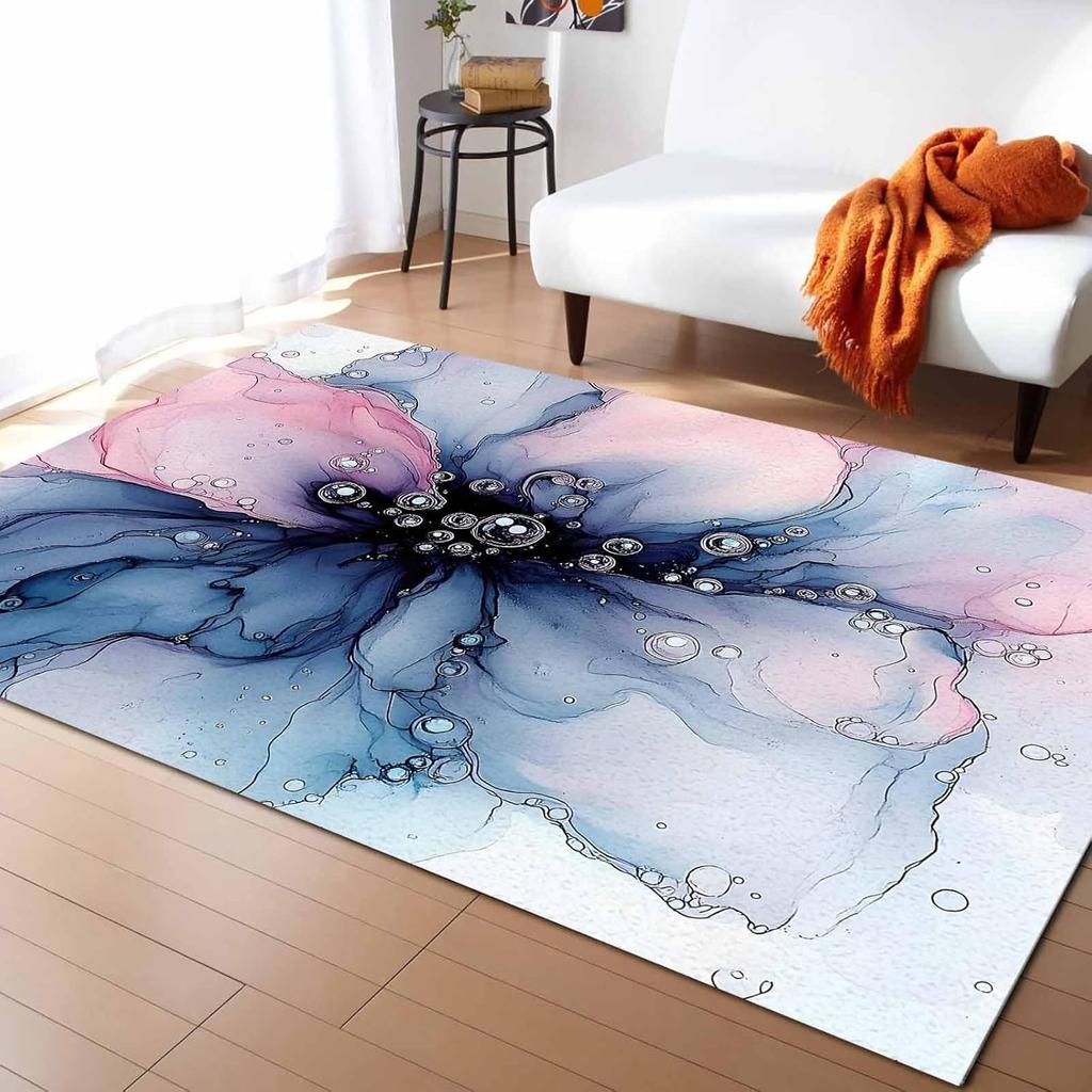 Pink Blue Gradient Washable Area Rugs Abstract Art Marble Texture Non Slip Rugs for Living Room Bedroom,Low Pile Floor Mat Large