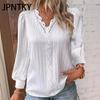 JPNTKY Women's Fashion Casual Spring Autumn Solid Color Print Long Sleeve V-Neck Blouses & Shirts