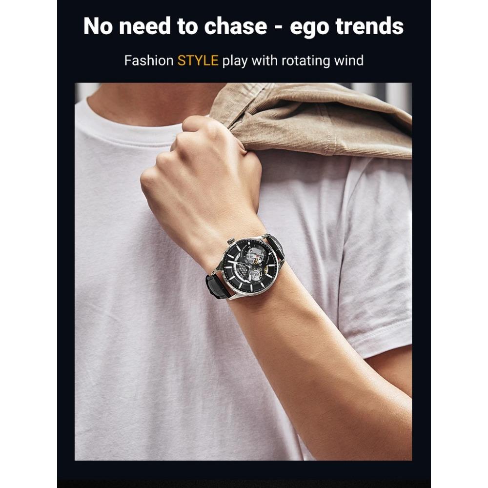 AILANG Men Automatic Mechanical Wristwatch Hollow Skeleton Dial Stainless Steel Band Business Sport Male Watch