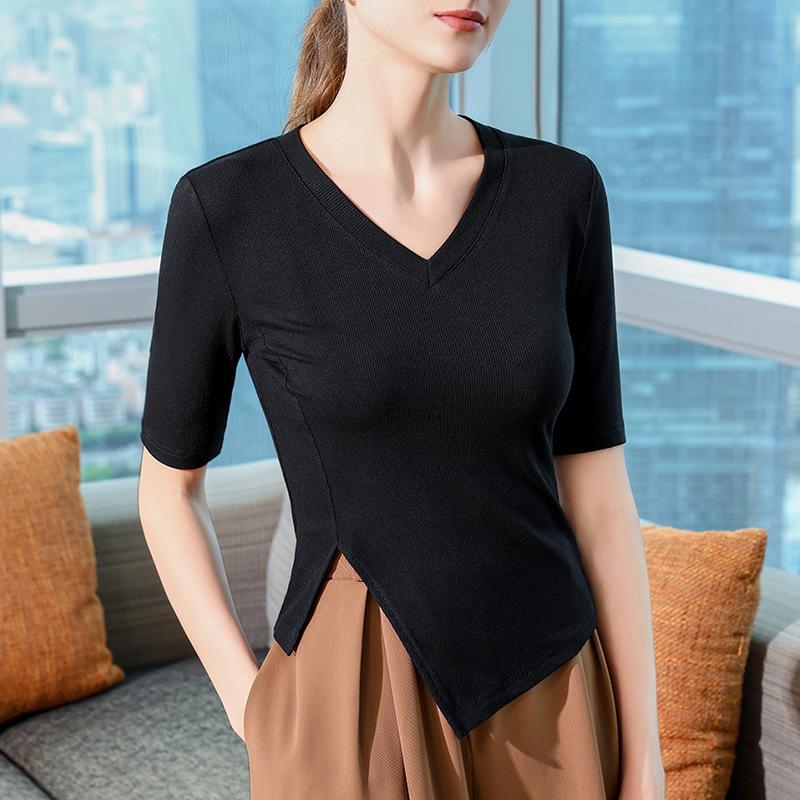 Белый топ с V-образным вырезом для женщин, новый дизайн, женская рубашка Perceptual, узкий подол, футболка со средними рукавами