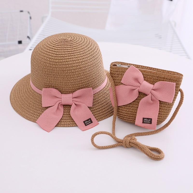 Kids Sun Hat Girls Summer New Straw Bag Cap Set Baby Travel Sun Protection Beach Hats Sun Fisherman Hat For Child