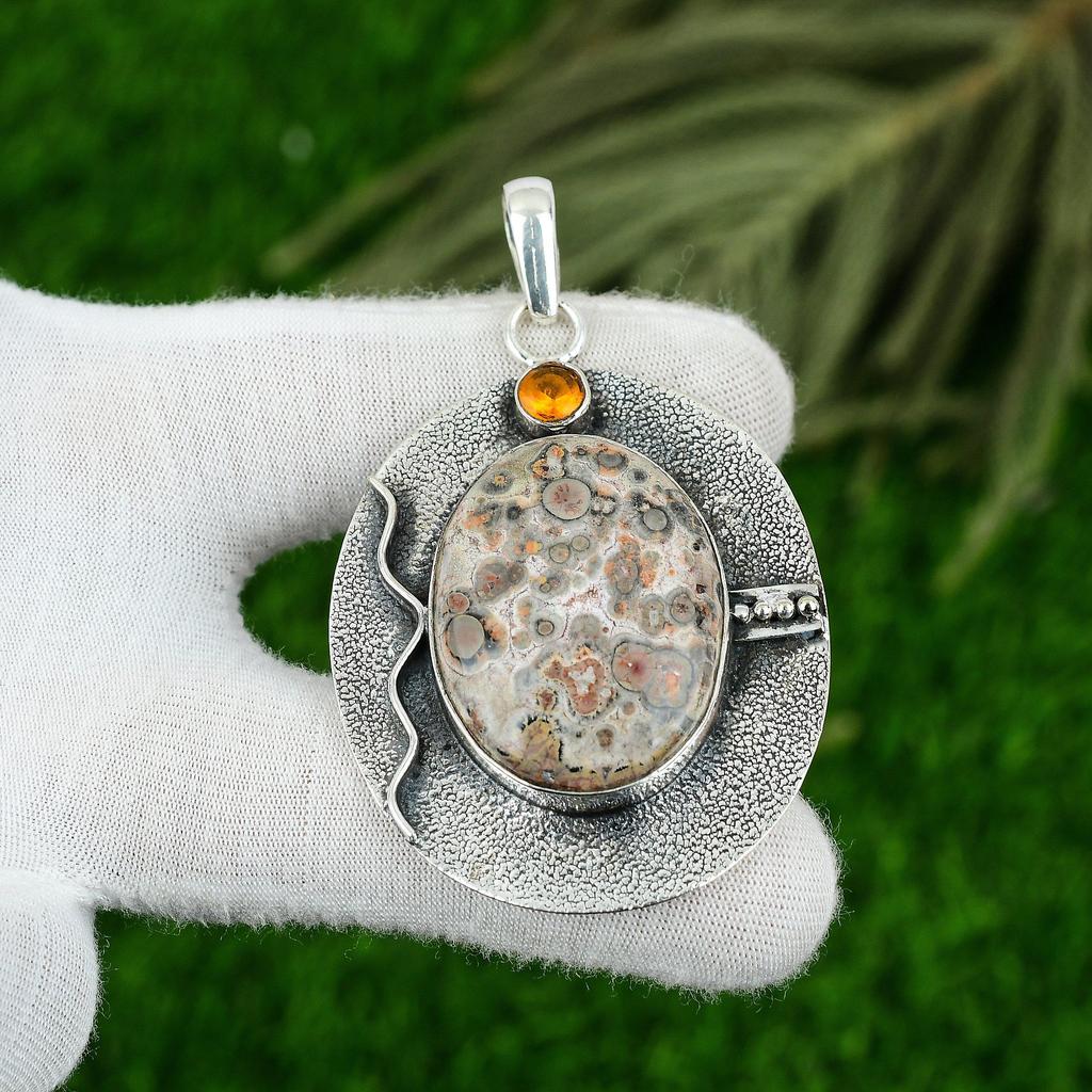 Daughters Day Deal Oval Ocean Jasper Gemstone Citrine 925 Silver Wedding Pendant