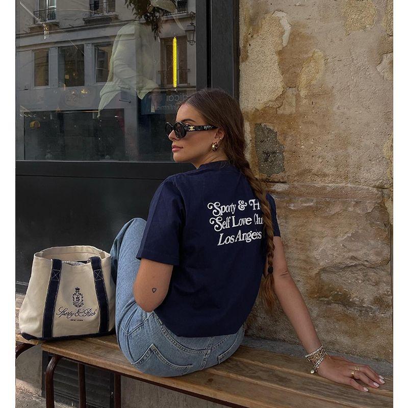 Self Love Club Niche Style American Retro Sports Style Loose Casual Pure Cotton Shoulder Short Sleeve T-shirt for Women