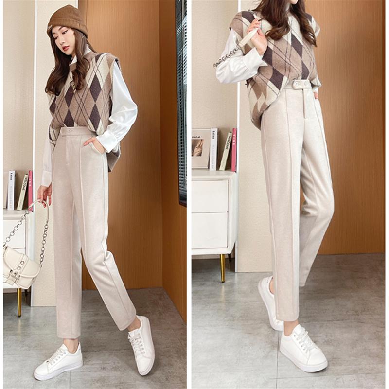 Осенне-зимние модные утепленные повседневные брюки в стиле Харадзюку, свободные брюки с высокой талией, корейские тонкие женские шерстяные брюки-карандаш