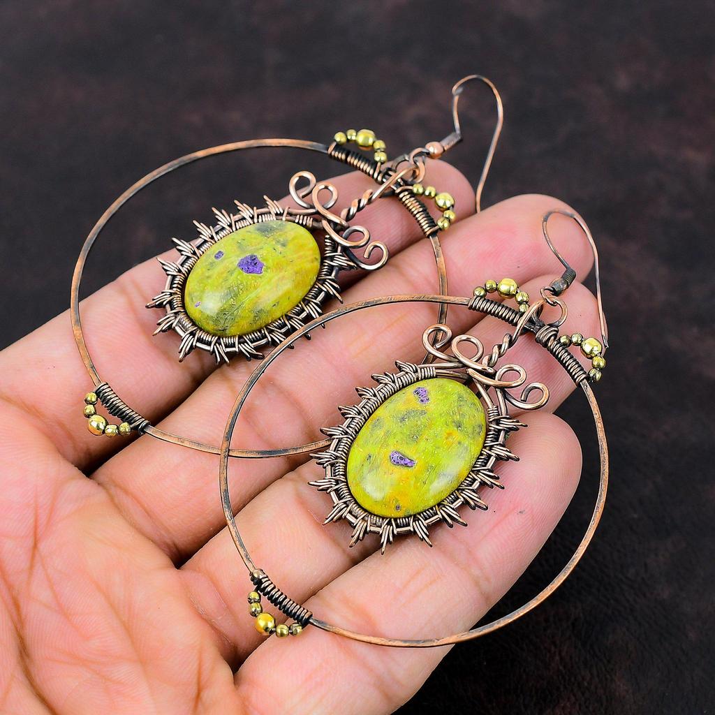 Серьги Stichtite Серьги с медной проволокой, обернутые в обертку Ювелирные изделия с драгоценными камнями Дизайнерские серьги Серьги ручной работы Подарок на годовщину Ювелирные изделия с медной проволокой