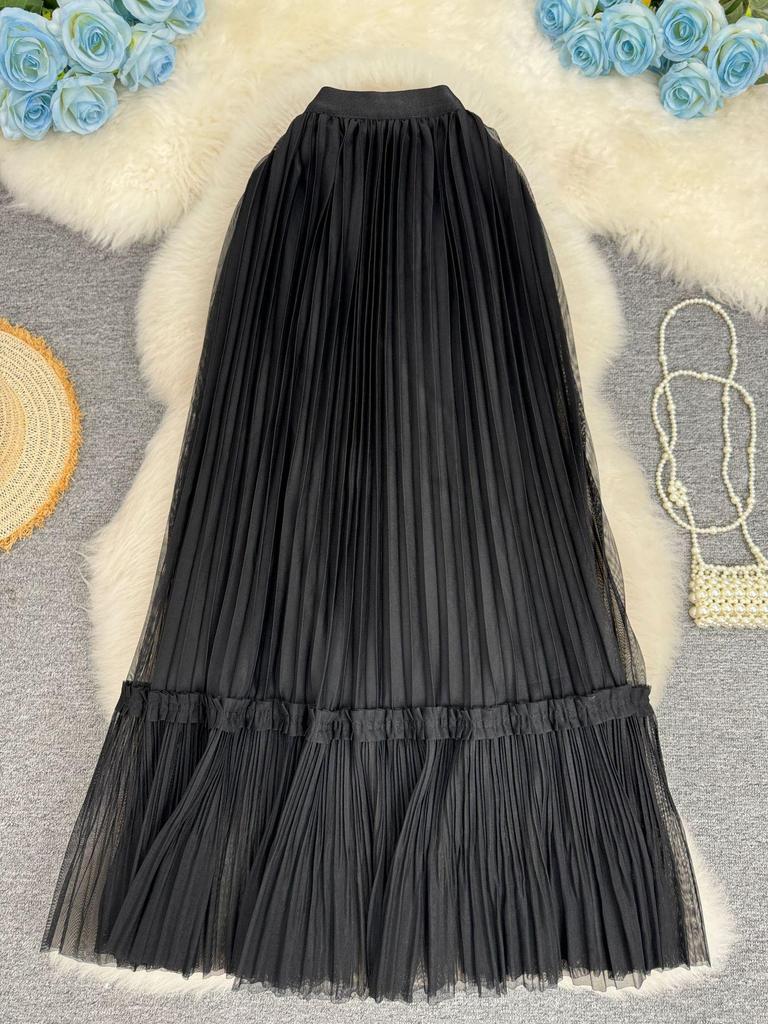 Women's Retro A-line Mesh Patchwork Skirt - Mid-length and Versatile for Commuting and Gentle Style
