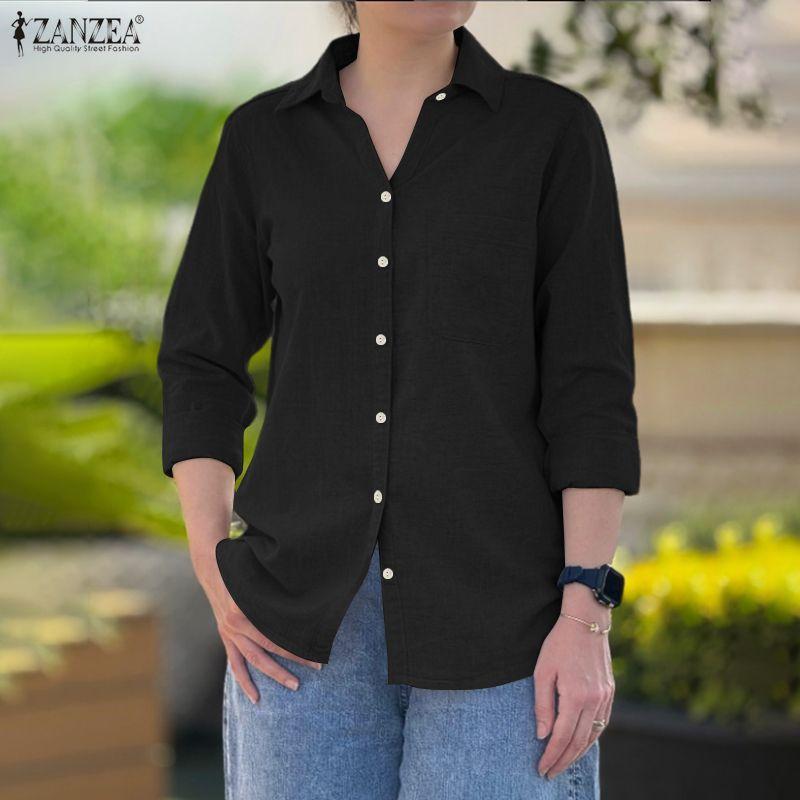 ZANZEA Женская повседневная однотонная блузка с отложным воротником и длинным рукавом