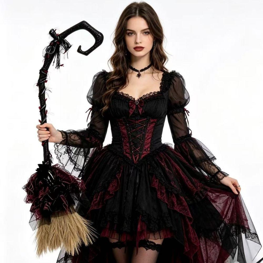 Rose Halloween Witch Broomstick Red Black Cosplay Party Broom Cosplay Broom  Halloween Costume