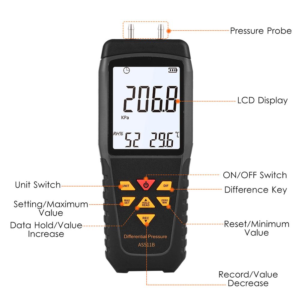 SMART SENSOR AS511B Цифровой дифференциальный манометр -206,8~206,8 кПа Манометр с двумя портами Давление газа с ЖК-дисплеем с подсветкой Поддерживает температуру