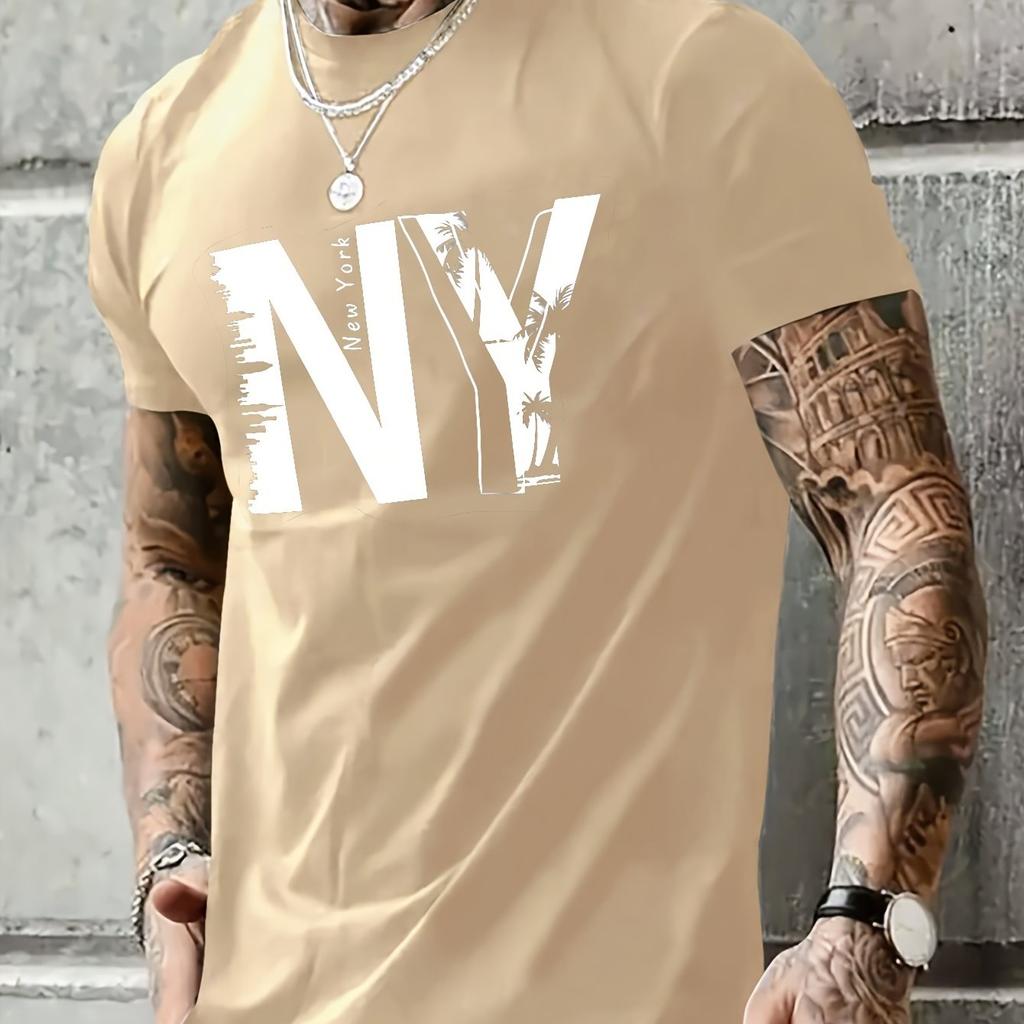 Summer Men's 100% Pure Cotton Casual Loose Plus Size NY Letter Printed Sports Comfortable Round Neck Short Sleeved T-shirt Top