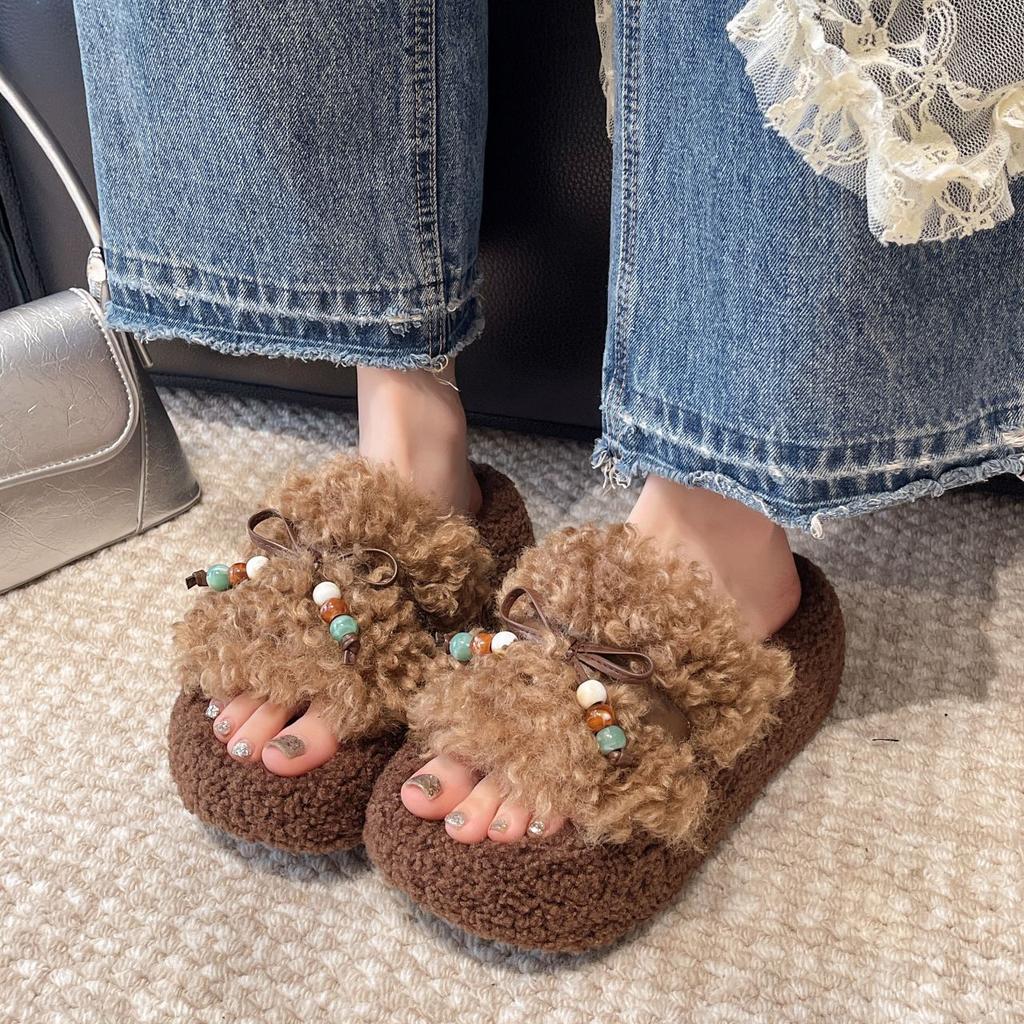 Женские пушистые туфли на толстой подошве для увеличения роста, новинка осени 2025, ленивые туфли, универсальные, с темпераментом, маленькие тапочки