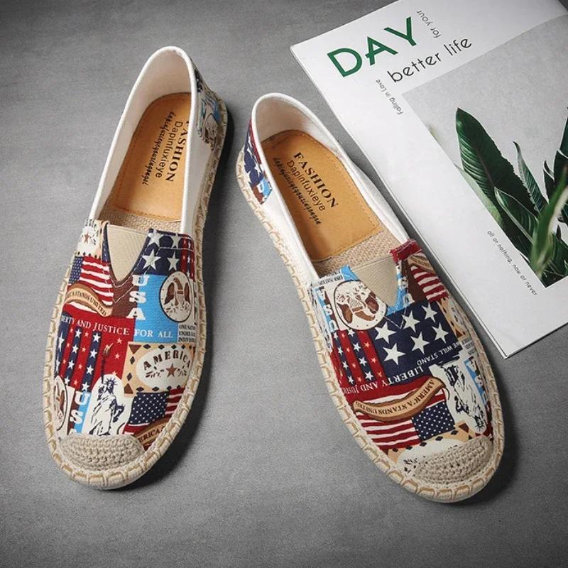 Men Canvas Shoes Breathable Men's Casual Shoes Slip-On Hemp Shoes Graffiti Espadrilles Women Footwear Flats