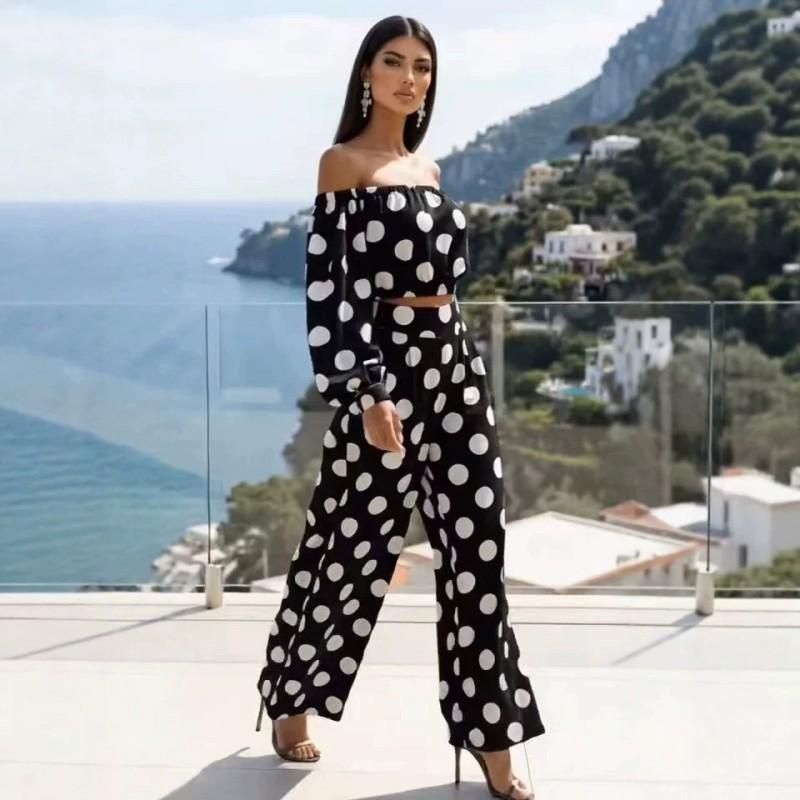 2026 Womens Polka Dot Off Shoulder Long Sleeve Top Wide Leg Pants Set Streetwear