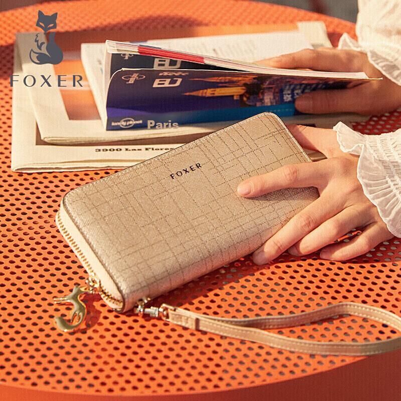 FOXER Women's Leather Wallet, Large Capacity, Long Card Holder, Coin Purse, Gold