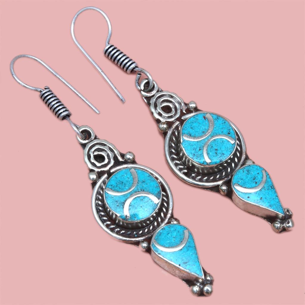 Nepali Tibetan Turquise Lapis Lazuli Gemstone Silver Jewelry Earring 1.5''