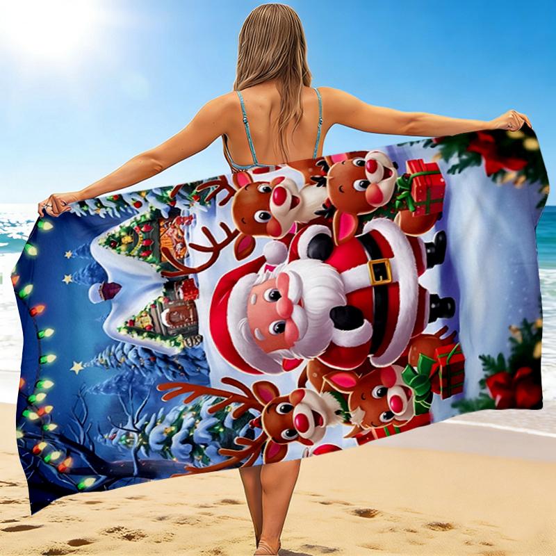 1Pc Santa Claus Reindeers Beach Towel, Quick Dry, Multi-Use for Beach Pool Gym Yoga Home Travel, Christmas, Halloween, Xmas Gift S274