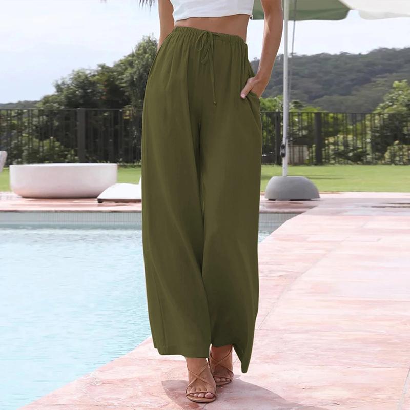 Женские элегантные хлопковые льняные однотонные свободные брюки с широкими штанинами на шнуровке Брюки с эластичной резинкой на талии