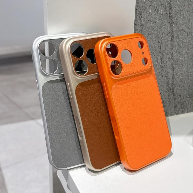 Leather Texture Hard Large Window Case for iPhone 17 Air 16 15 14 13 Pro Max Plus 17Promax Shockproof Matte Phone Cover
