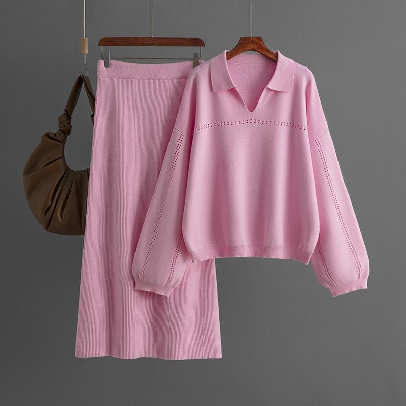 Autumn and Winter New Knit Sweater Set POLO Collar Ladies Simple Trend V-neck Solid Color Loose Slim Dress