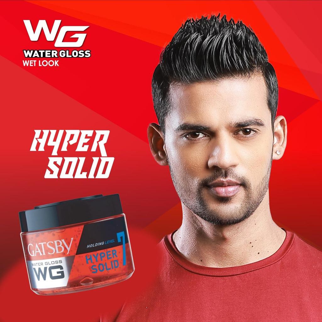 Gatsby Гель для волос Water Gloss Hyper Solid для мужчин, 300 г, Стайлинг с эффектом мокрых волос, Уровень 7 Сильная фиксация, Не липкий, Легко смывается, Блестящий финиш