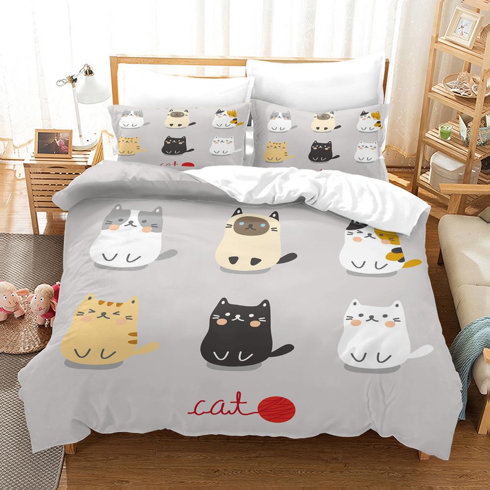 Cartoon Cat King Full Queen Duvet Cover Lovely Pet Kitty Bedding Set Animal Quilt Cover 2/3pcs Purple Polyester Comforter Cover