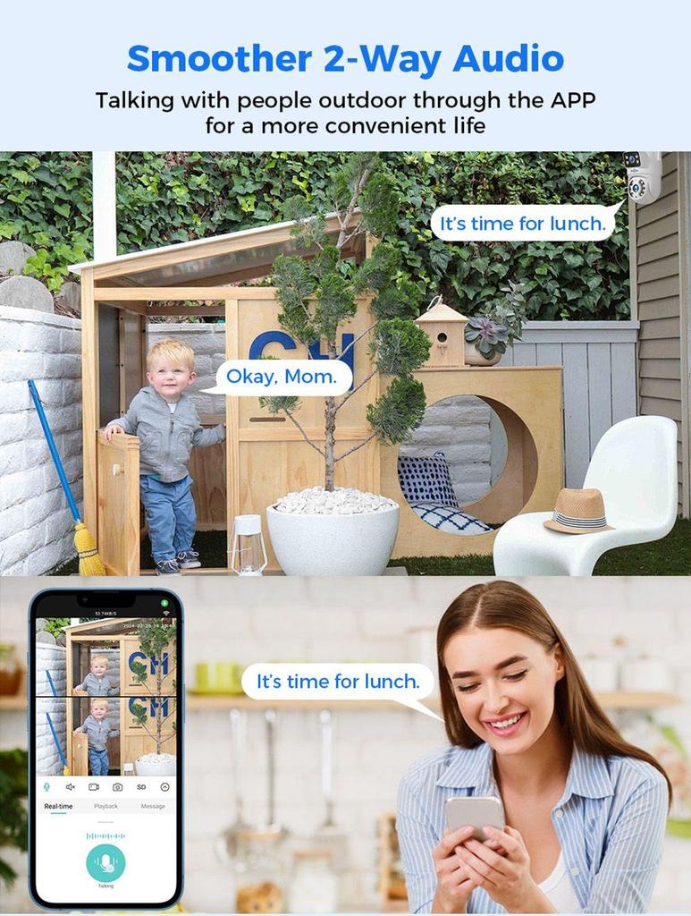 Уличная WiFi-камера Hiseeu 4K 6MP, двойной объектив, двойной экран, двусторонняя аудиосвязь, цветное ночное видение, автоматическое слежение, обнаружение человека ИИ