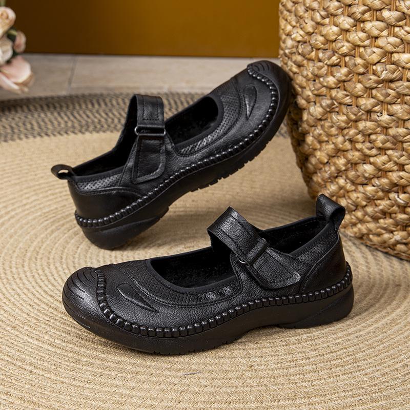 Johnature Genuine Leather Soft Soled Flat Shoes Retro Round Toe Shallow Versatile Comfortable Women's Shoes