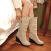 22Элегантные женские сапоги до середины икры, уличный стиль, модные современные сапоги, 6 см танкетка, металлическая застежка-молния, украшение, туфли принцессы для женщин