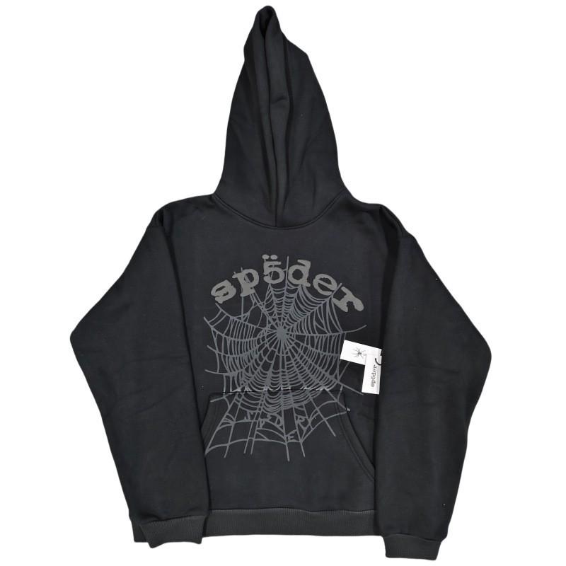 Sp5der Hoodie Oversized Thick Fleece Sweatshirt With Foil Print Spiderweb Design Men Winter Casual Wear
