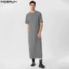 INCERUN Men Short Sleeve Zipped Neck Long Islamic Dress Robes