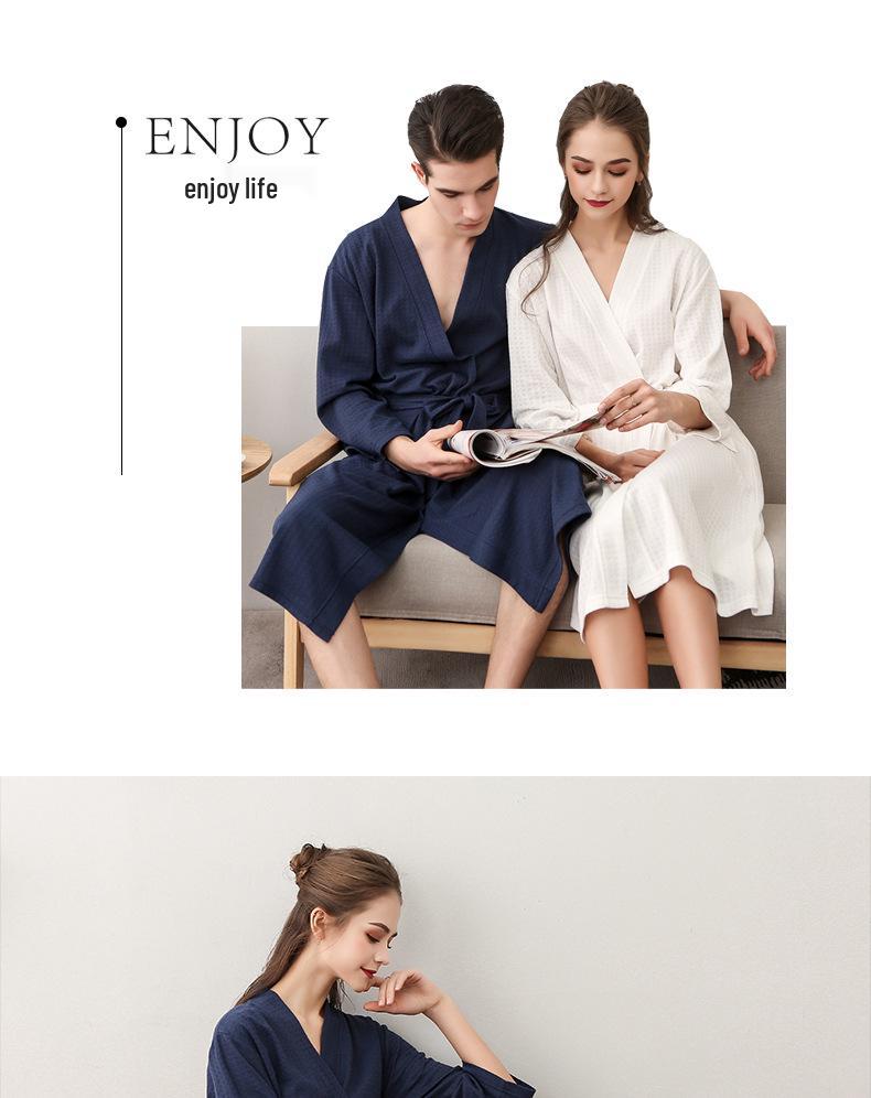 Spring-Summer Waffle Bathrobe: Unisex, Lightweight, 3/4 Sleeves, Korean Style, Absorbent