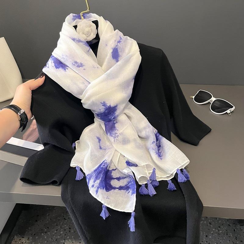 Plain Ombre Ink Painting Abstract Tassel Viscose Shawl Scarf Lady Tie-Dyed Wrap Pashmina Stole Bufandas Muslim Hijab 180*90Cm