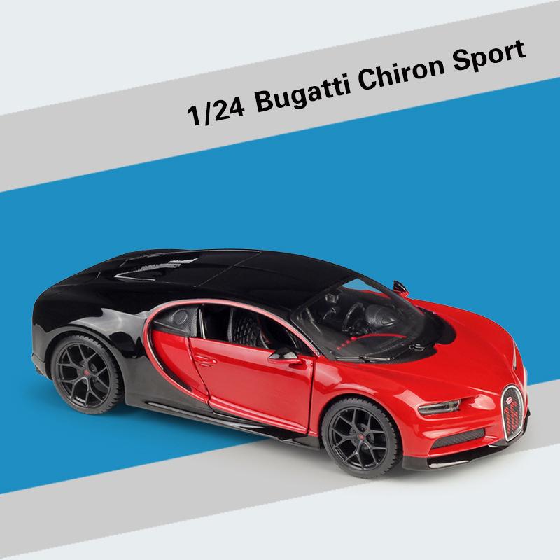 1:24-масштабная модель автомобиля Bugatti Chiron, игрушки для мальчиков, игрушки в возрасте от 3 до 12 лет, транспортные средства с откатным механизмом, музыкальными дверями и открывающимся капотом