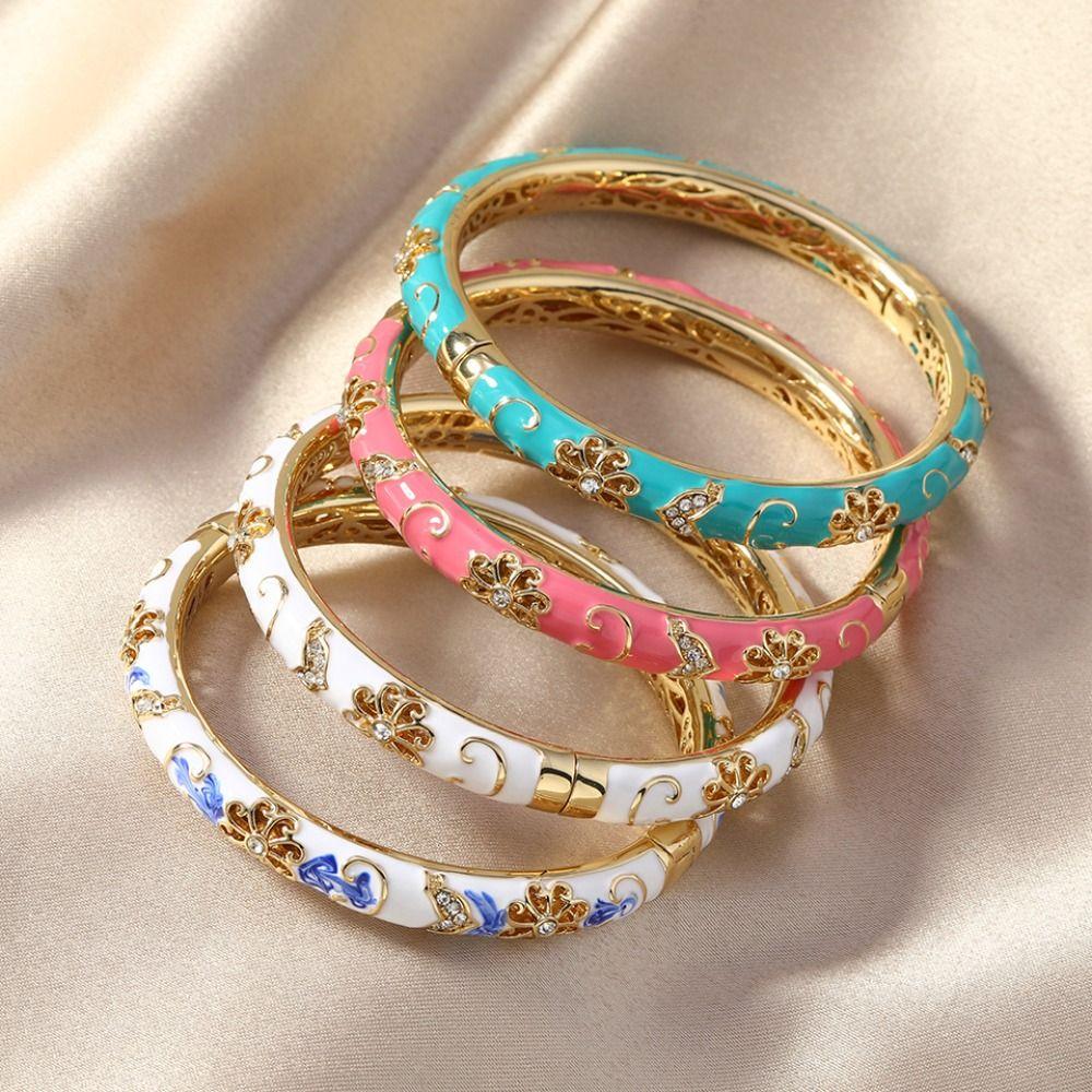 Браслет-открытие со стразами и эмалью Цветочный металлический браслет на руку Китайский браслет-перегородчатая эмаль Чонсам