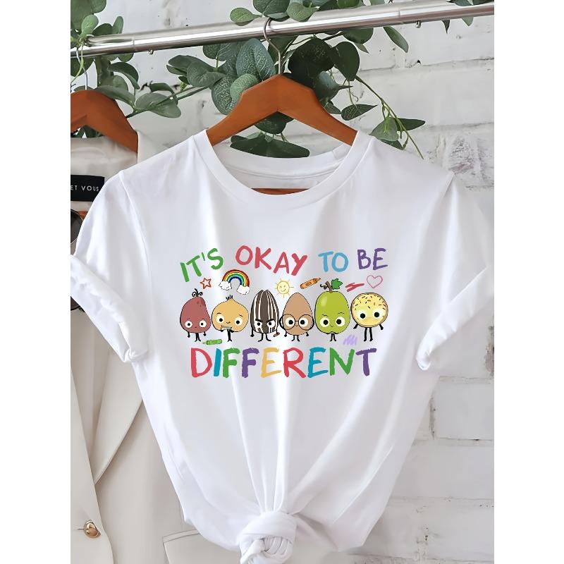European sizes It's Okay to Be Different Graphic Print T-shirt, Short Sleeve Crew Neck Casual Top for Summer & Spring, Women's Clothing