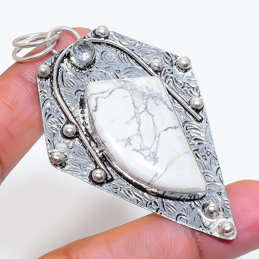 Natural Howlite Jasper, Topaz 925 Sterling Silver Jewelry Pendant 2.96" ZS-820