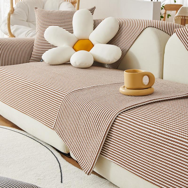 Cotton Linen, Cotton Thread, Sand Straight Strip, All Season Universal Coarse Cloth Armrest Backrest Towel, Sofa Cushion, Full Set Universal