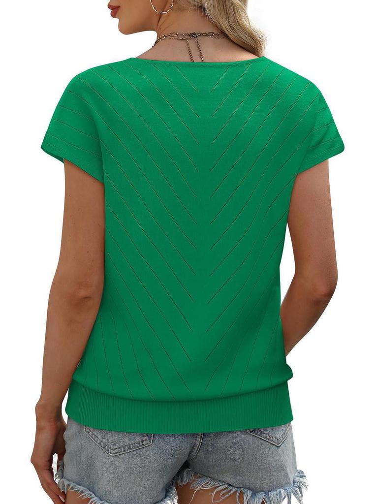 Летний горячий тренд 2026 года Пляжный отдых Короткий рукав V-образный вырез Ажурный повседневный вязаный свитер для женщин