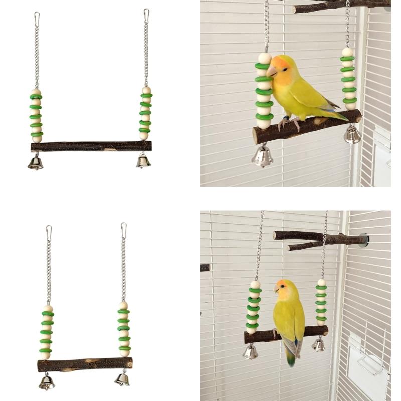 Bird Perches Chewing Toy Birdcages Standing Swing Small Medium Bird Cage Wood Swing with Bells Exercise Perches for Conures