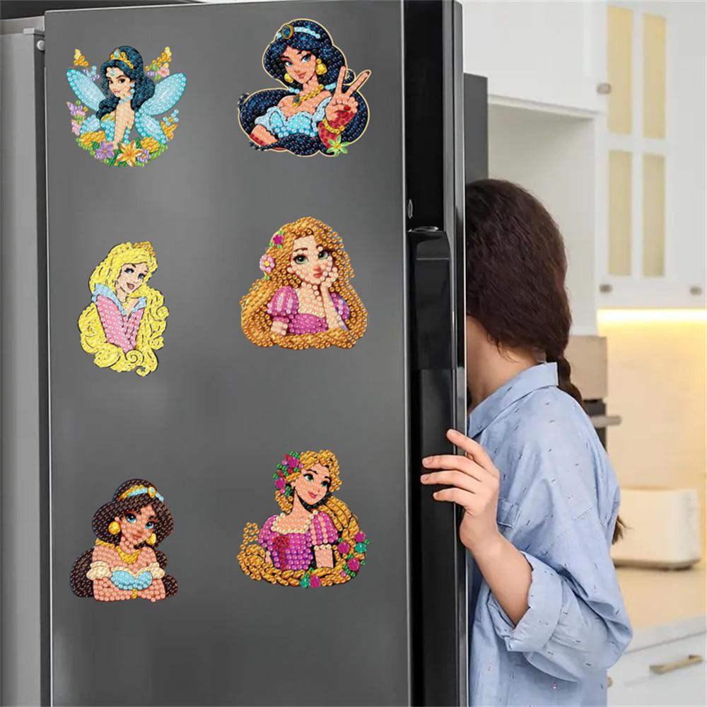 6Pcs Beautiful Princess Series Diamond Art Fridge Magnet Diamond Painting Refrigerator Magnet DIY Fridge Stickers for Fridge Whiteboards