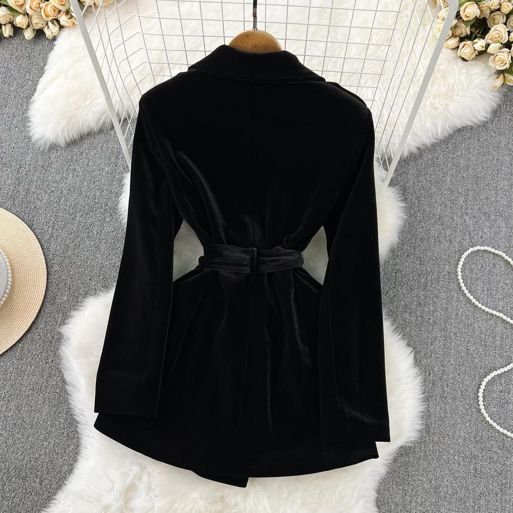 Осенне-зимний черный бархатный пиджак в стиле Хепберн, женский двубортный пиджак с надрезом, верхняя одежда