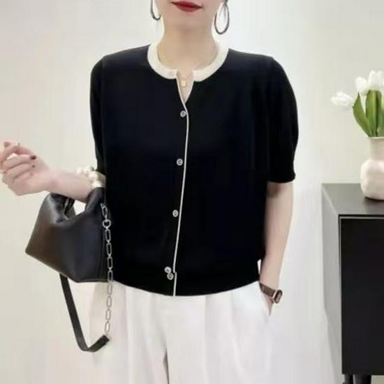 Новый стильный полосатый кардиган с V-образным вырезом - большой размер, свободный вязаный свитер с короткими рукавами