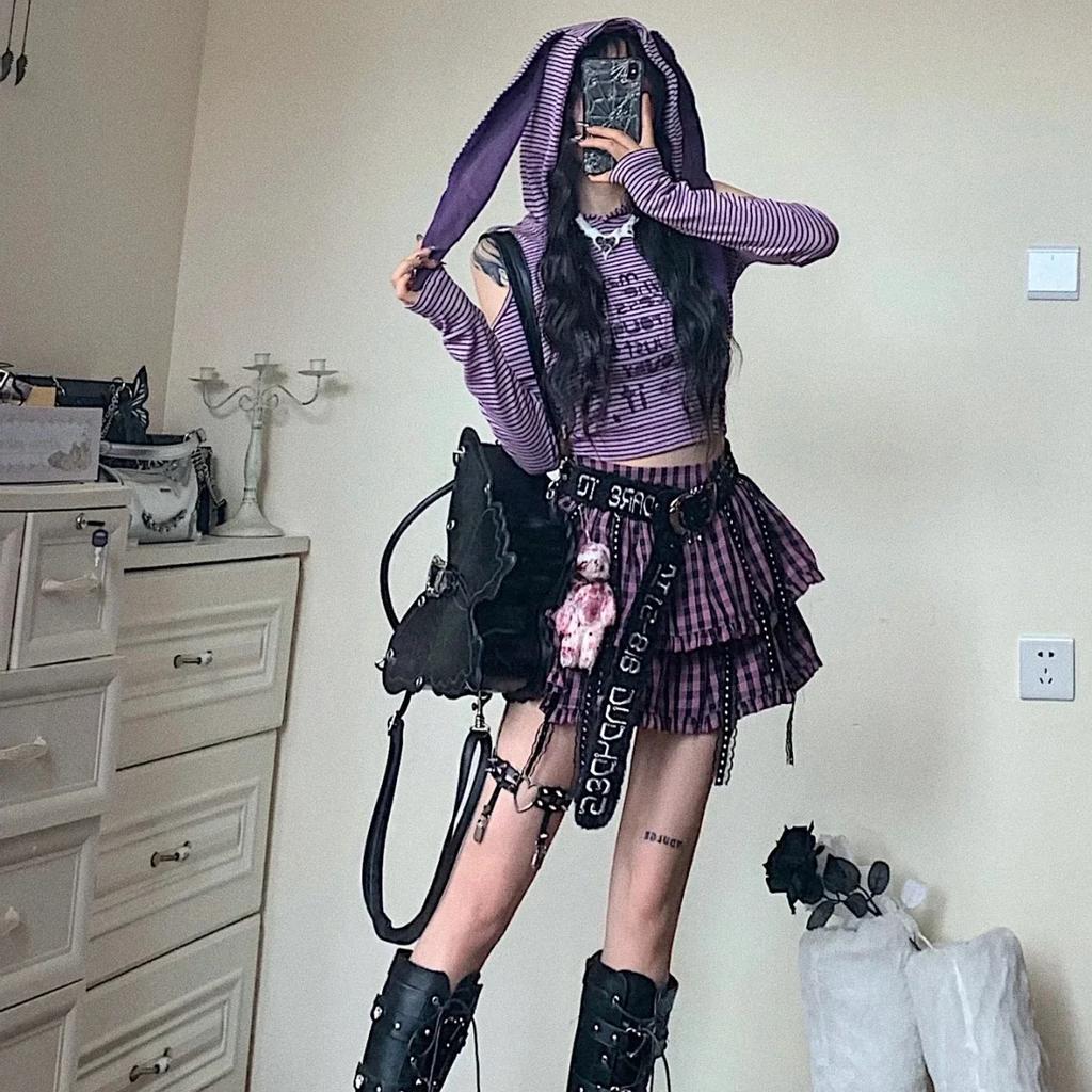 Y2k Rabbit Ears Graphic Crop T Shirts Women Harajuku Kawaii Striped Off Shoulder Hood Tops Aesthetic Goth Cute Lolita Tees