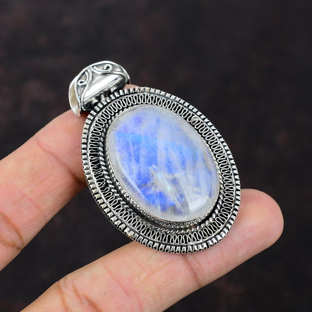 Rainbow Moonstone Pendant Handmade Jewelry 925 Sterling Silver Pendant Vintage Pendant Real Gemstone Pendant Gift For Mom Statement Pendant