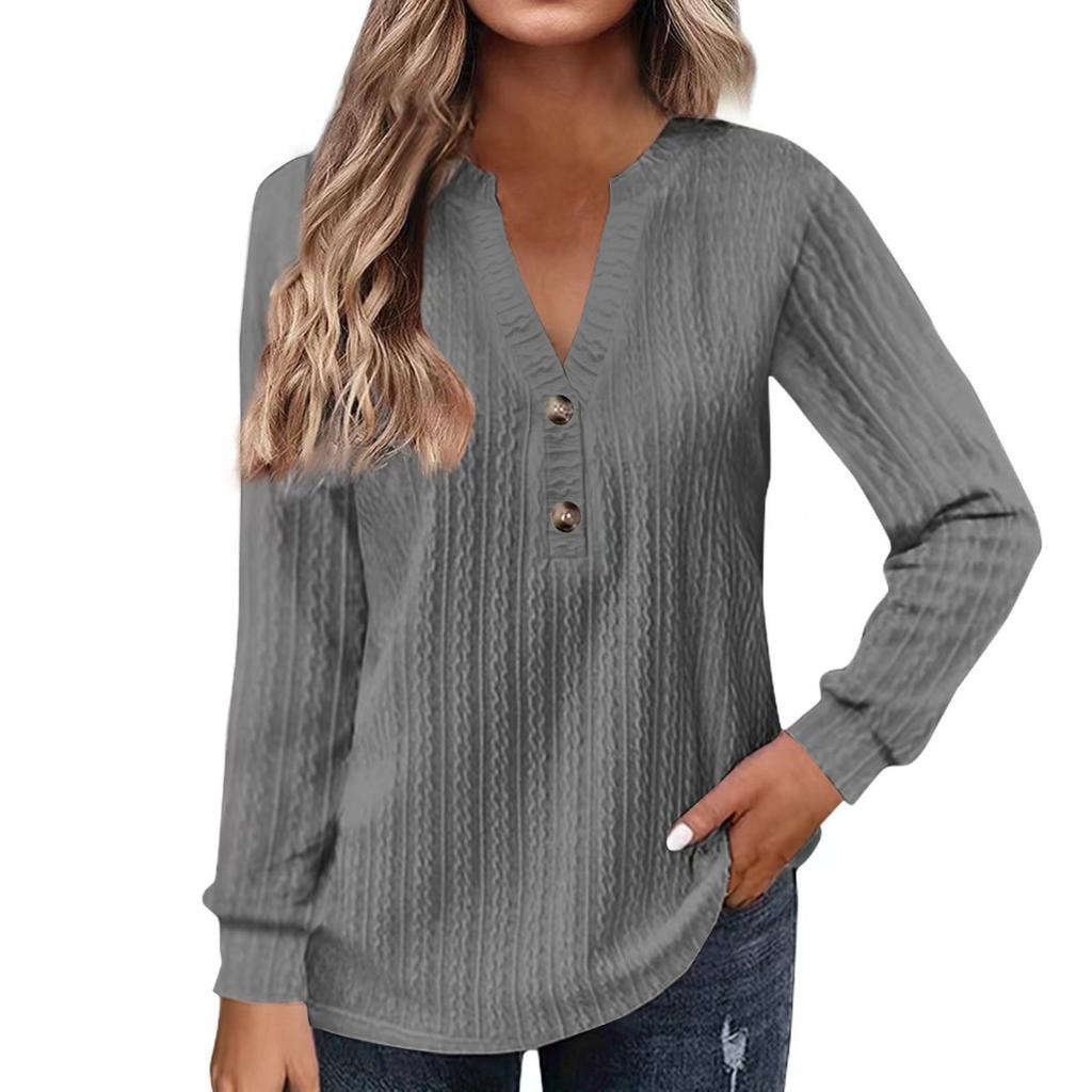 Autumn and Winter Women's Long Sleeved Solid Color V-neck Button T-shirt Top